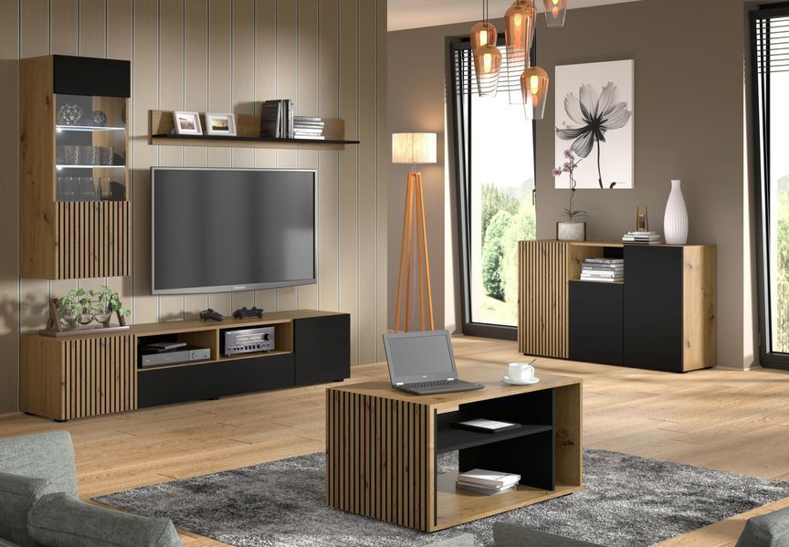 Комод у вітальню Auris 3D дуб артизан / чорний Bim Furniture BIM0055 фото - bimfurniture.com.ua