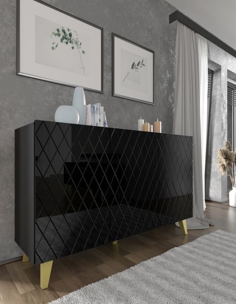 Комод трехдверный на ножках Diuna 145 KOM3D черный, глянцевые фасады Bim Furniture BIM0062 фото - bimfurniture.com.ua