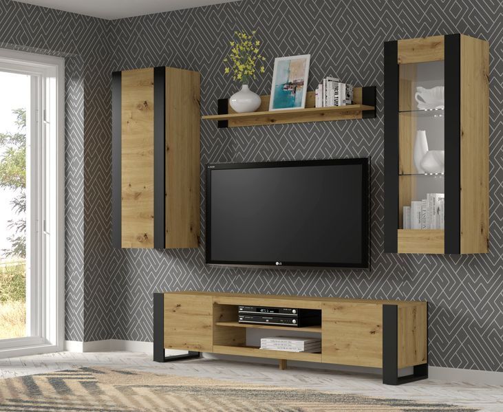 Витрина стеклянная навесная в гостиную Mondi 125 дуб артизан / черный Bim Furniture BIM0110 фото - bimfurniture.com.ua