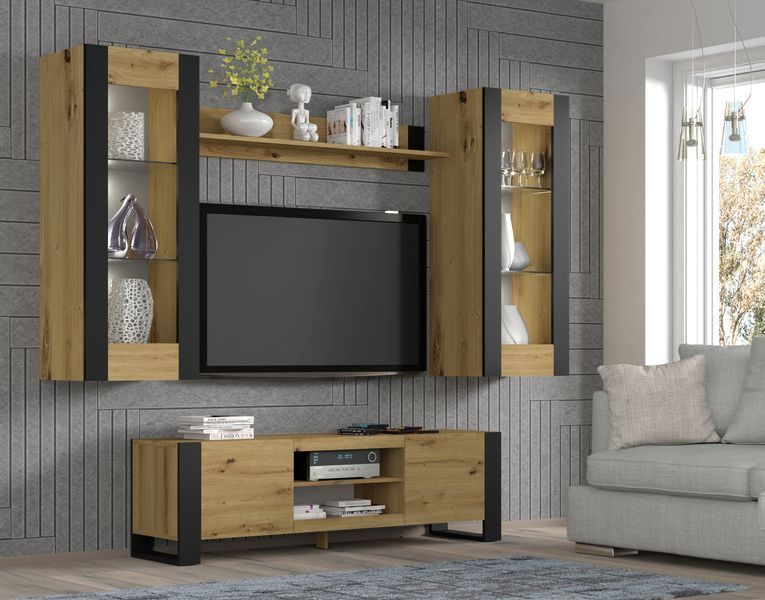 Витрина стеклянная навесная в гостиную Mondi 125 дуб артизан / черный Bim Furniture BIM0110 фото - bimfurniture.com.ua