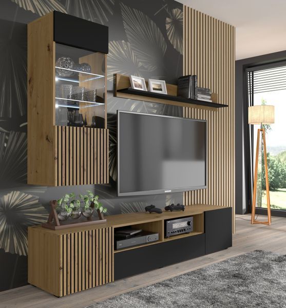 Вітрина навісна у вітальню Auris 1D дуб артизан / чорний Bim Furniture BIM0068 фото - bimfurniture.com.ua