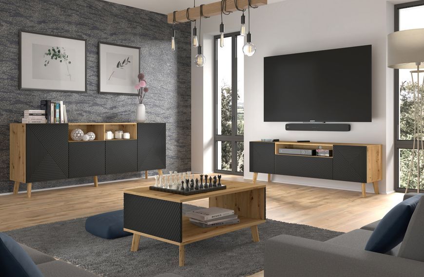 Тумба під телевізор у вітальню Luxi 160 2D1K дуб артизан / чорний Bim Furniture BIM0023 фото - bimfurniture.com.ua