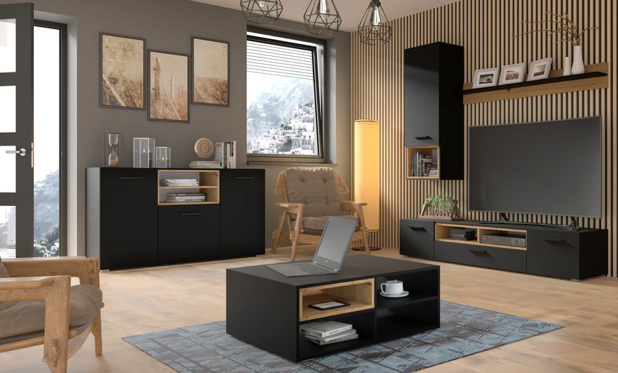 Тумба TV с двумя открытыми полками Anette 198 черный/дуб артизан Bim Furniture BIM0027 фото - bimfurniture.com.ua