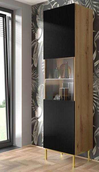 Витрина в гостиную с рифлеными фасадами Ravenna B дуб артизан/черный Bim Furniture BIM0260 фото - bimfurniture.com.ua