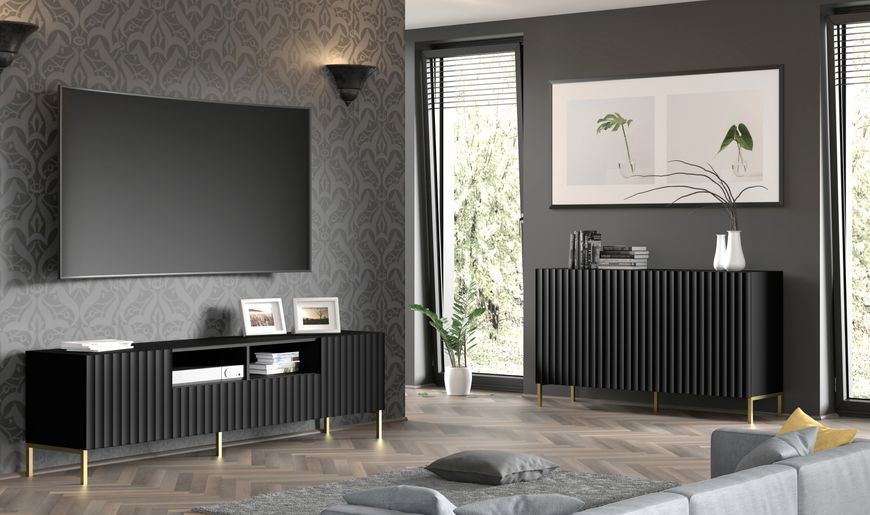 Комод трьохдверний з фрезированими фасадами WAVE 3D 150 чорний Bim Furniture BIM0171 фото - bimfurniture.com.ua