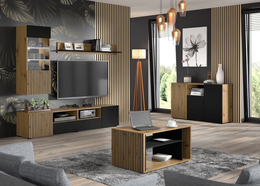Тумба трехдверная с открытыми полками Auris 200 3D дуб артизан / черный Bim Furniture BIM0050 фото - bimfurniture.com.ua